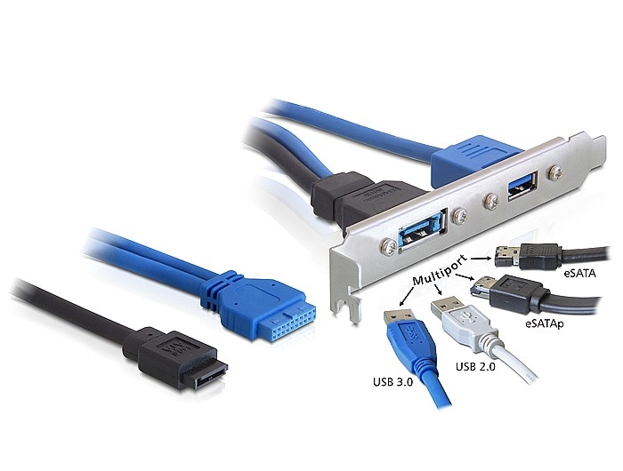 Delock Slotblech USB 3.0 Pin Header 19 Pin + SATA 7 Pin intern > 1 x USB 3.0-A + 1 x Multiport extern